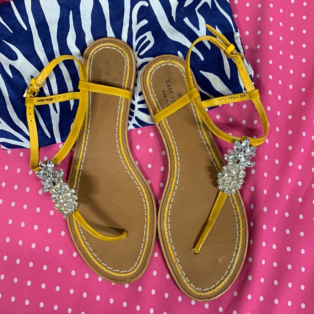 KATE SPADE Yellow Patent Leather and Pineapple Crystal Thong Sandal